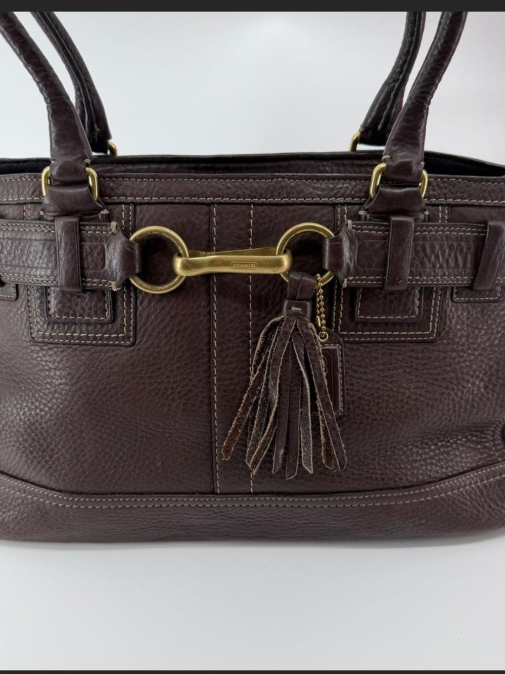 Coach Dark Brown Leather Shoulder Bag with Tassel & Gold Hardware